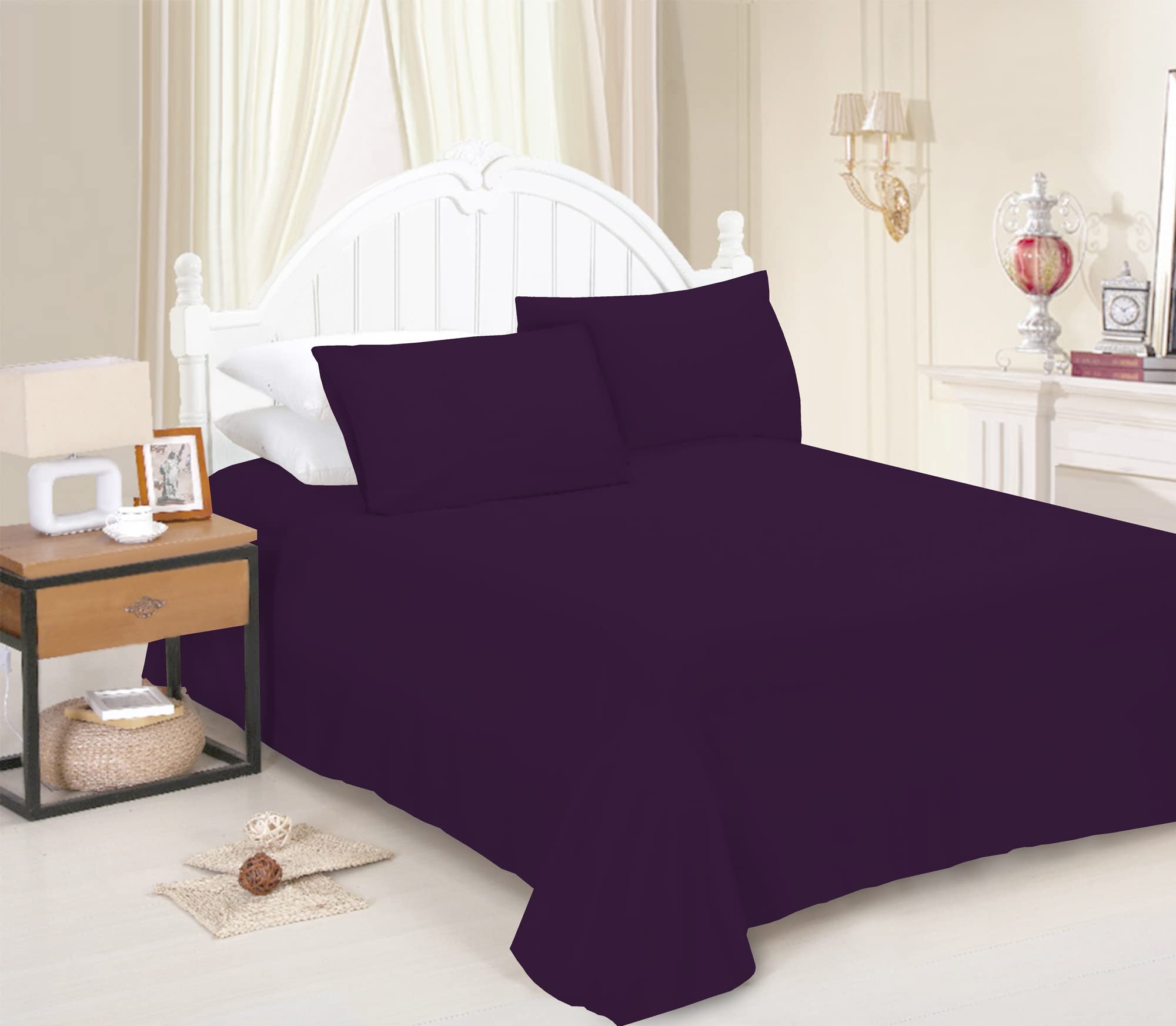 JRI® Flat Sheet- Luxurious Bed Sheet-Breathable-Hypoallergenic-Comfortable Poly Cotton Flat Sheet-Soft Touch Wrinkle Free (Plum-Double) - (Same Day Dispatch)