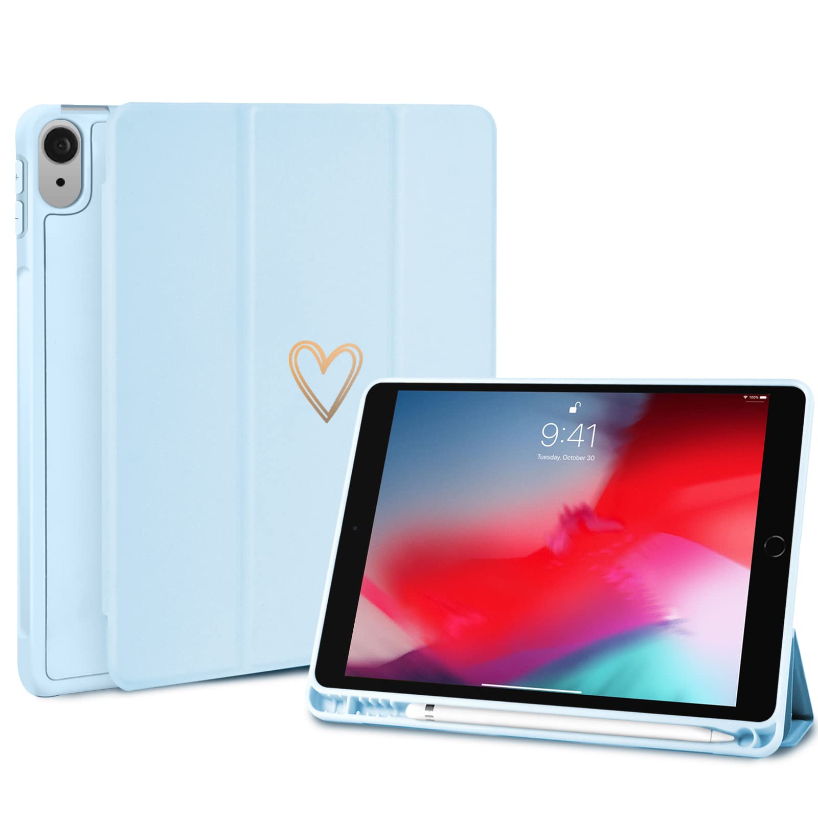 Fycyko Compatible with iPad Air 11-inch M4 2026/M3 2025/M2 2024/10.9" Air 5th 4th Generation 2022 2020 Case with Pencil Holder, Women Girls Heart Pattern Protective Cover for iPad 10.9 Inch, Blue โ image 1