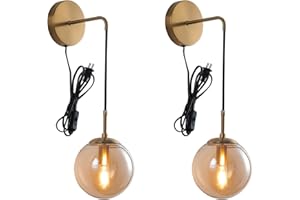 KUZZULL Wall Sconces Set of Two Plug in Wall Sconces with Globe Amber Glass Shade Wall Lamp with Cord Wall Sconce Plug in Brushed Brass Gold Plug in Wall Sconces Set of 2 Plug in Wall Light Sconce