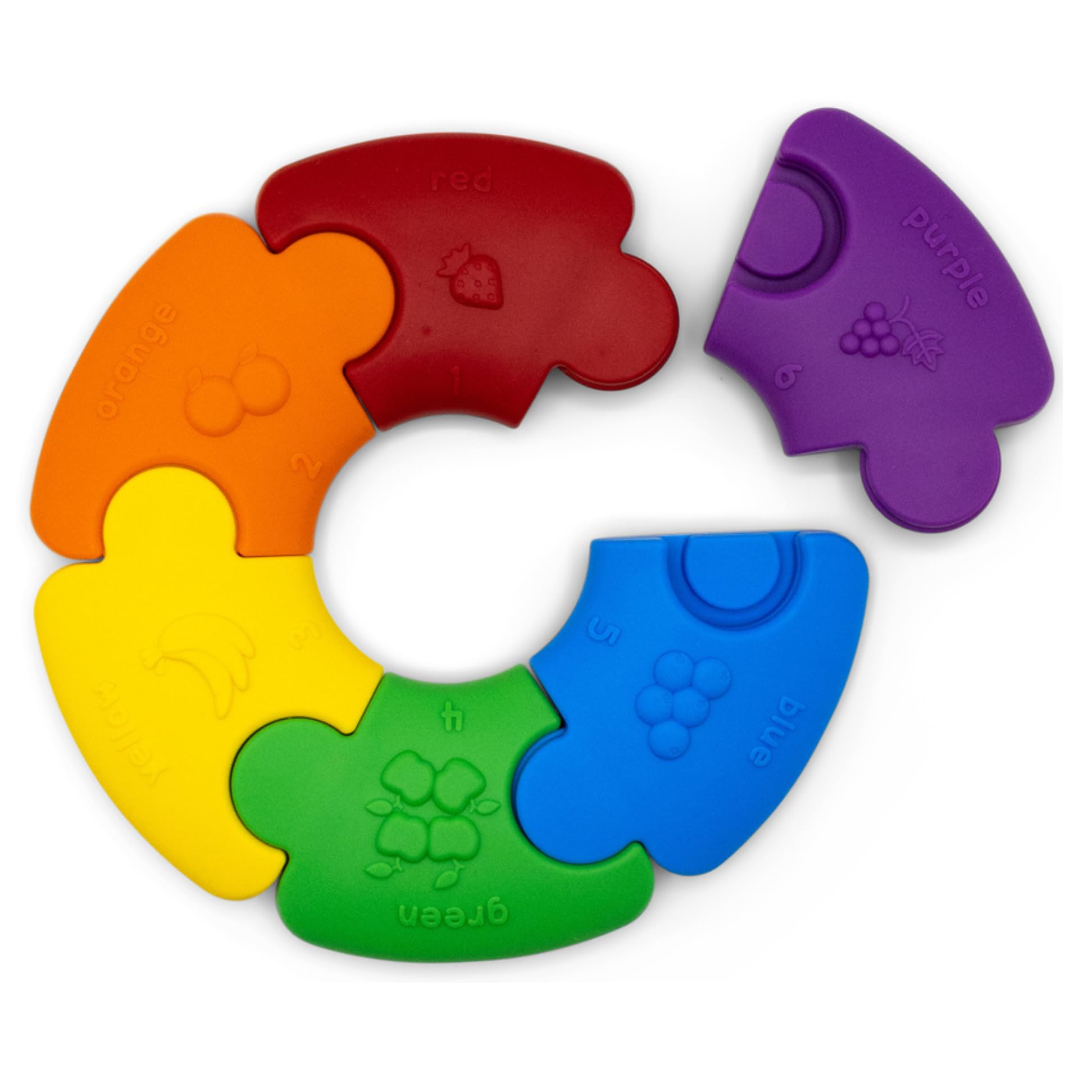 Jellystone Designs Colour Wheel Rainbow Teether. Interlocking Puzzle Ring Silicone Teething Puzzle Baby Sensory Toy. Numbers Colours & Fruits. Chewable Educational Toy for Babies & Toddlers 6 Months +