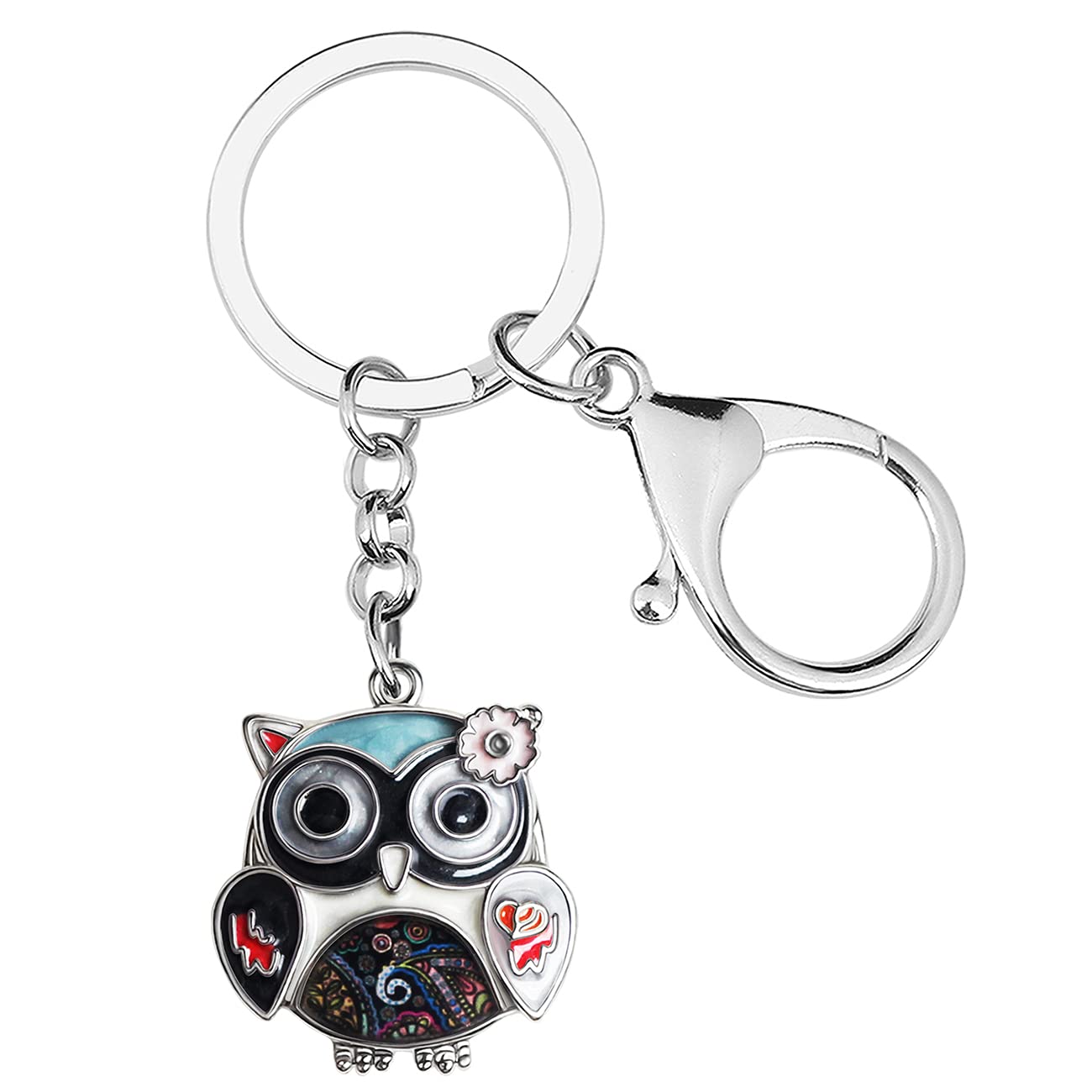 Enamel Alloy Anime Flower Owl Keychain Bird Keyring Fashion Jewelry For Women Girls Charm Gift (Black)