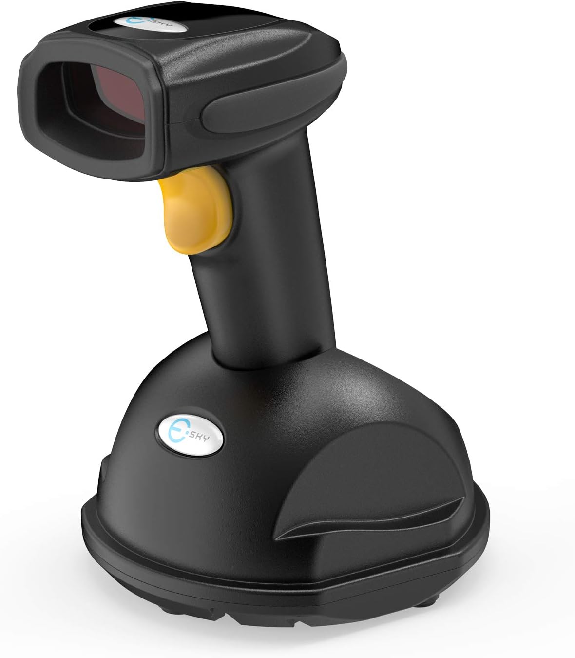 Esky 433MHz Wireless Barcode Scanner 328 Ft Transmission Distance USB Cordless 1D Laser Automatic Barcode Reader Handheld Barcode Scanner with Quick Charge Bas for Shop, Store, Supermarket, Warehouse