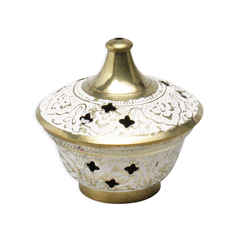 NKlaus incense burner Ø 7cm brass incense bowl painted with sieve and lid for incense incense resins on incense charcoal charcoal tablets on sand 2751