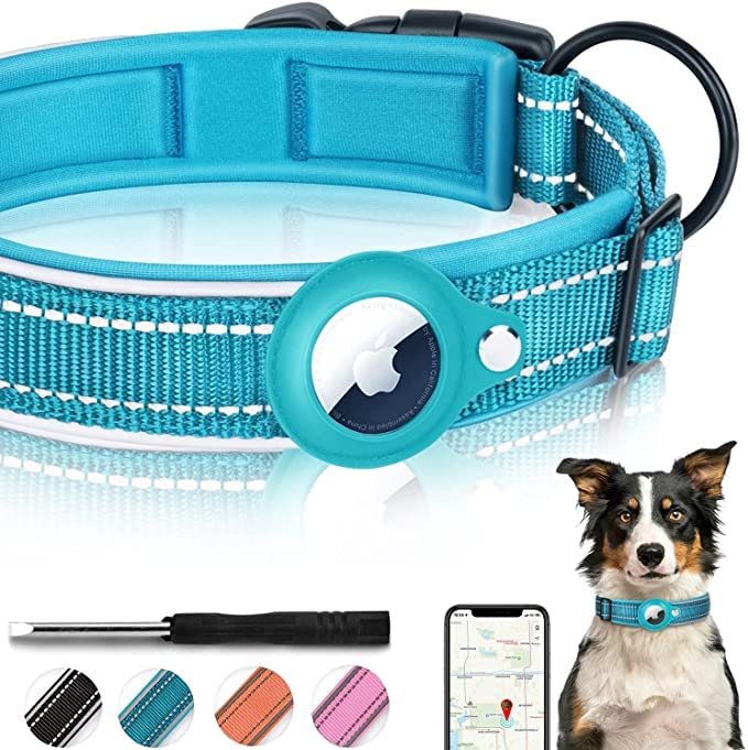 Airtag Dog Collar, Reflective Nylon Dog Collar, Adjustable Pet Collar With Quick Release Buckle, Apple Airtag Collar With Holder For Small, Medium, Large and Extra Large Dogs (Large, Blue)