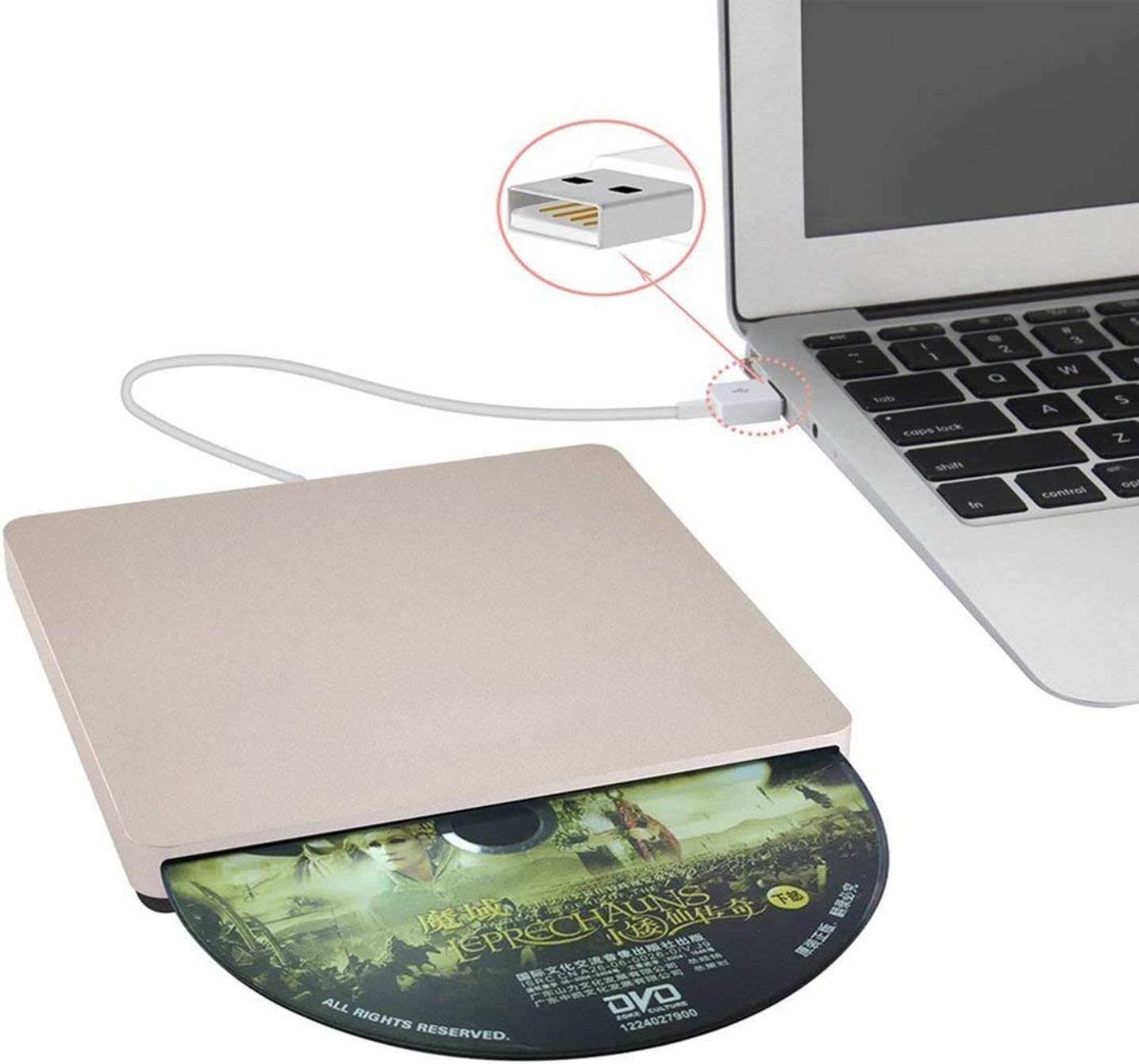 Guamar External CD DVD Drive for Laptop USB3.0 Drive External CD DVD+/- RW Burner Writer Optical Drive Compatible with Mac/Windows with USB C/Type-c Adapter (Gold)