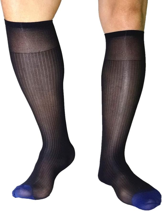 2Pairs Pack Men's Over the Calf Blue Toe Silk Striped Nylon Sheer Dress