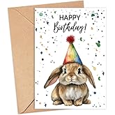 HKDesignGift Rabbit Birthday Card With Party Hat - Happy Birthday Card - Rabbit Gift - Zoo Safari Animal Birth - Zoo Greeting Cards - Rabbits Watercolour Cards - Animal Lover Birth Gift