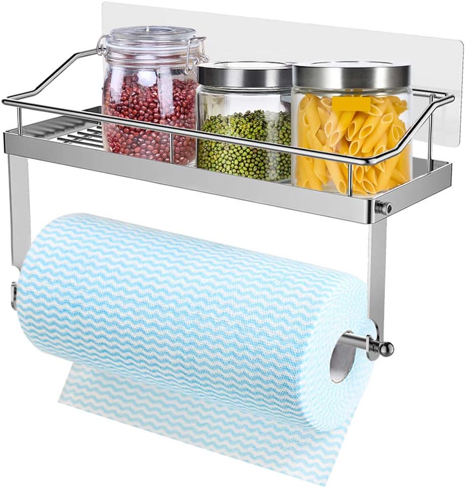 M V VOIMAKAS Paper Towel Holder with Shelf, Stainless Steel No Drilling Adhesive Wall Mounted Bathroom Shelf Storage Organizer Rack for Kitchen & Bathroom Accessories (Silver)