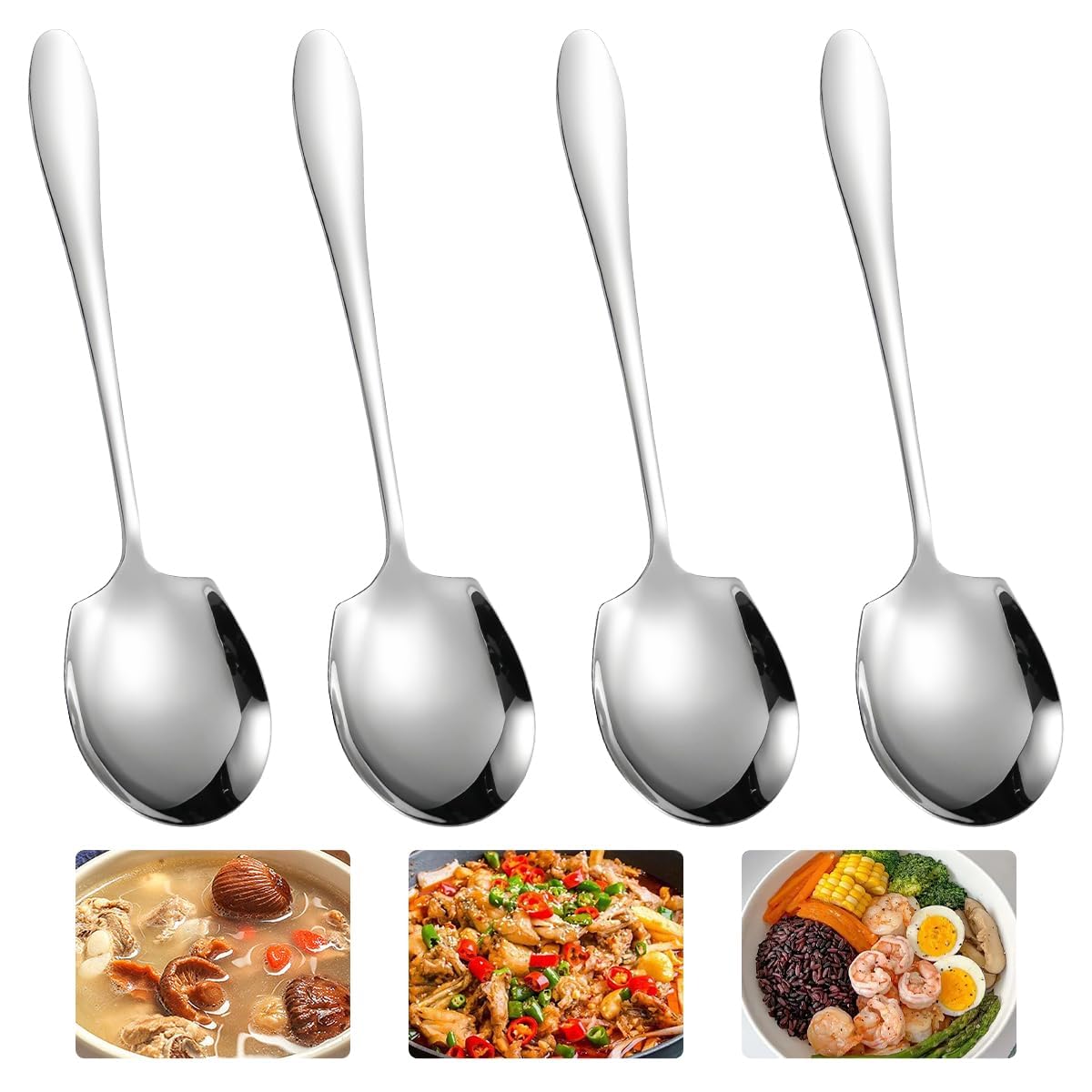 4-Piece Large Buffet Spoons - 21.5x6cm, Stainless Steel, Round Edge Tablespoons & Desert Spoons for Kitchen, Restaurant, Banquet