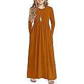 Arshiner Girls Maxi Dress Long/Short Sleeve Casual Holiday Dress with Pockets for 5-13 Years