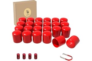 LILJUECE Lug Nut Covers- 24PCS 21-23mm Inner Flexible Fit Anti-Skid Treatment Wheel Lug Nut Cap with Removal Clip and 4 Tire Valve Stem Caps (Red)