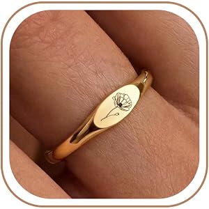 Birthflower Signet Gold Rings for Women Non Tarnish Dainty Birthday Gifts | 14K gold &silver plated, dainty statement jewelry