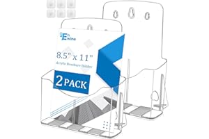 EHWINE 2 Pack Brochure Holder 8.5 x 11 inch, Clear Acrylic Flyer Holder Brochure Display Stand Literature Holders, Plastic Stand Pamphlet Holder for Home Office Exhibition Store, with 6 Hooks