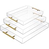 3 Pack Clear Acrylic Serving Tray with Gold Handles, Spill-Proof Acrylic Tray, Decorative Organizer Tray for Coffee Table Countertop Bathroom Vanity Appetizer Breakfast