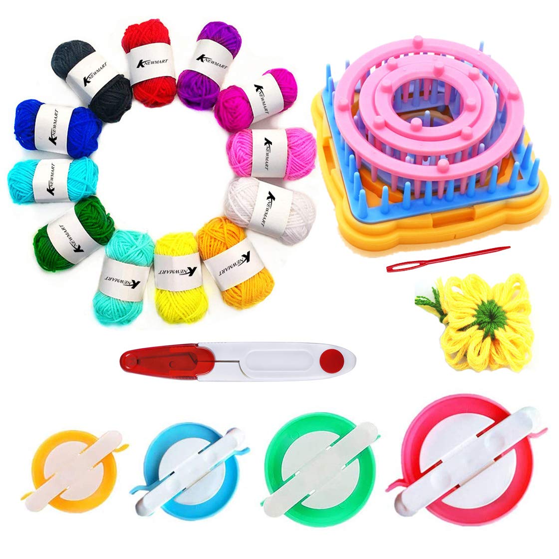 Knewmart Flower Loom,8pcs Flower Maker Wool Knitting Ball Maker Weaving Tools Knitting Craft Weaver Loom - with Needle (Flower Maker + Pom Maker + Yarn + Scissors)