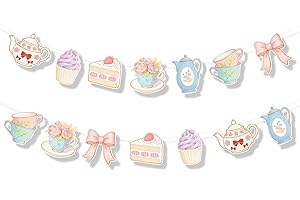 2Pcs Retro Tea Party Decoration Banner, Tea Party Birthday Decorations, Vintage Double Sided Floral Hanging Teapot Cake Cup C