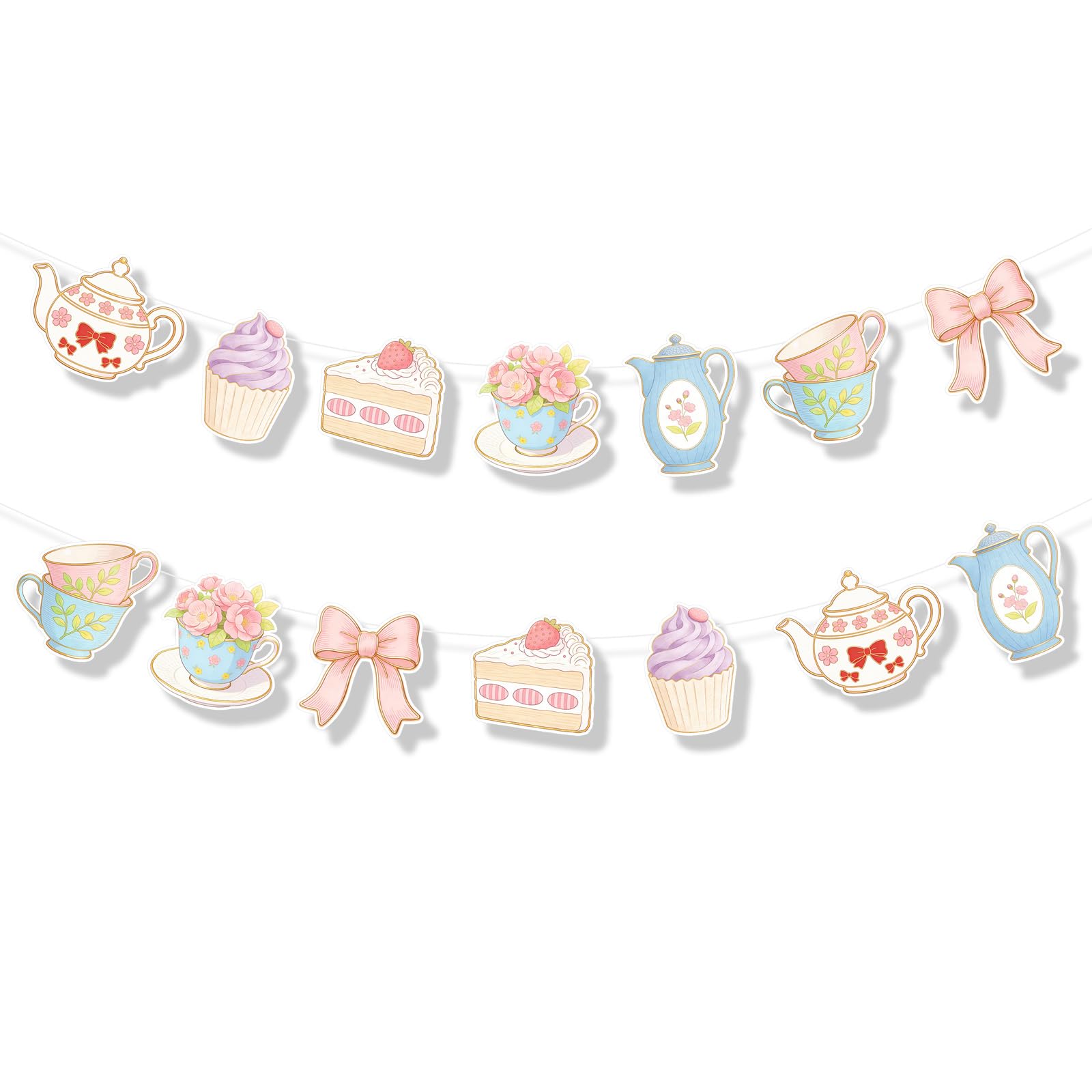 2Pcs Retro Tea Party Decoration Banner, Tea Party Birthday Decorations, Vintage Double Sided Floral Hanging Teapot Cake Cup Cutout Paper Banner for Women