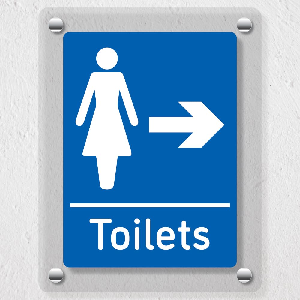 V Safety Womens Toilets Arrow Right Blue - 150 x 200 mm - Acrylic Perspex Cast Clear Safety Sign