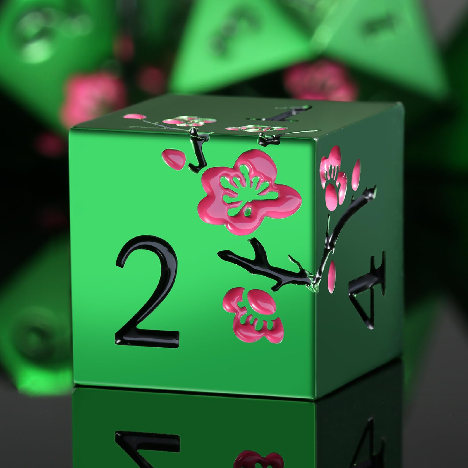 Matt Green Metal Dice Set, DNDND 7 PCS Heavy Metallic D&D Dice Set with Grogeous Gift Case for Dungeons and Dragon Tabletop Game (Matte Green with Pink Flower), Reaper Purple&gold — image 1