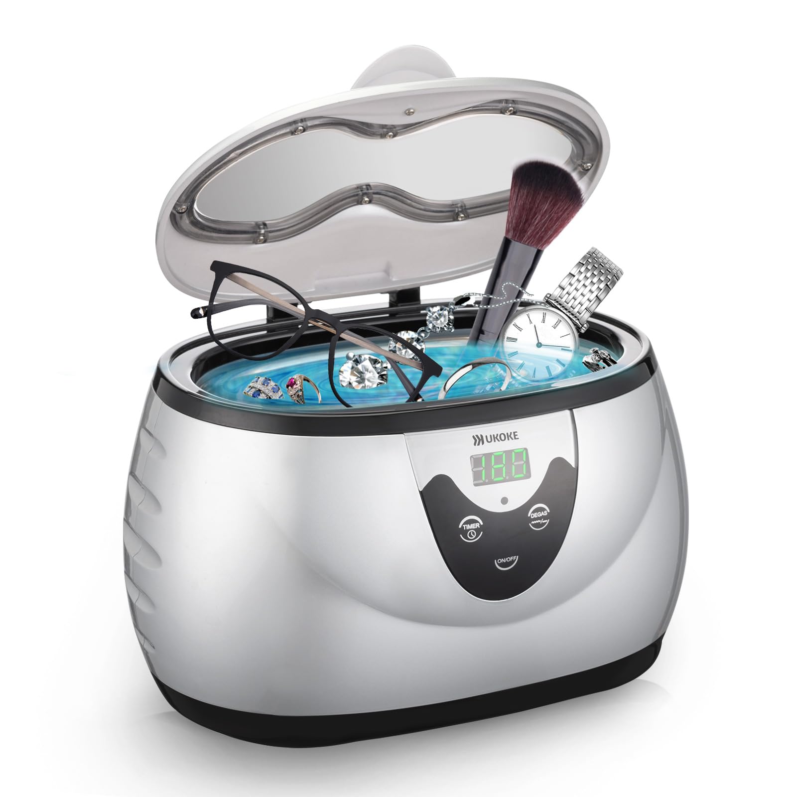Photo 1 of UKOKE 3800S Professional Ultrasonic Jewelry Cleaner Machine, 0.6L Portable Household Timer Device for Eyeglasses, Dentures, Watches, Rings | Silver, Fast Deep Cleaning for Small Accessories