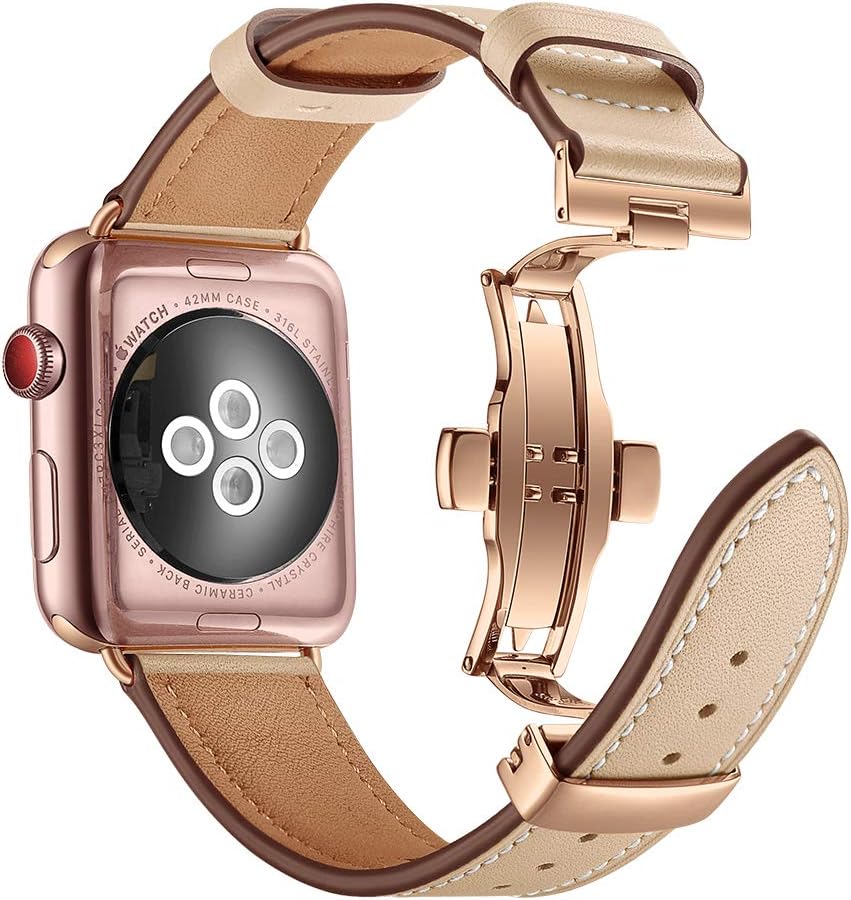 Myada Compatible for Apple Watch Strap 42mm 44mm Genuine Leather Sport Smart Watch Replacement Strap Wrist Strap Metal Butterfly Buckle Bracelet Wristband for 42mm 44mm iWatch Strap Series 4/3/2/1