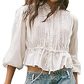 Womens Lace Tie Front Long Puff Sleeve V Neck Ruffle Peplum Top Button Babydoll Going Out Y2k Crop Blouse Shirt Top