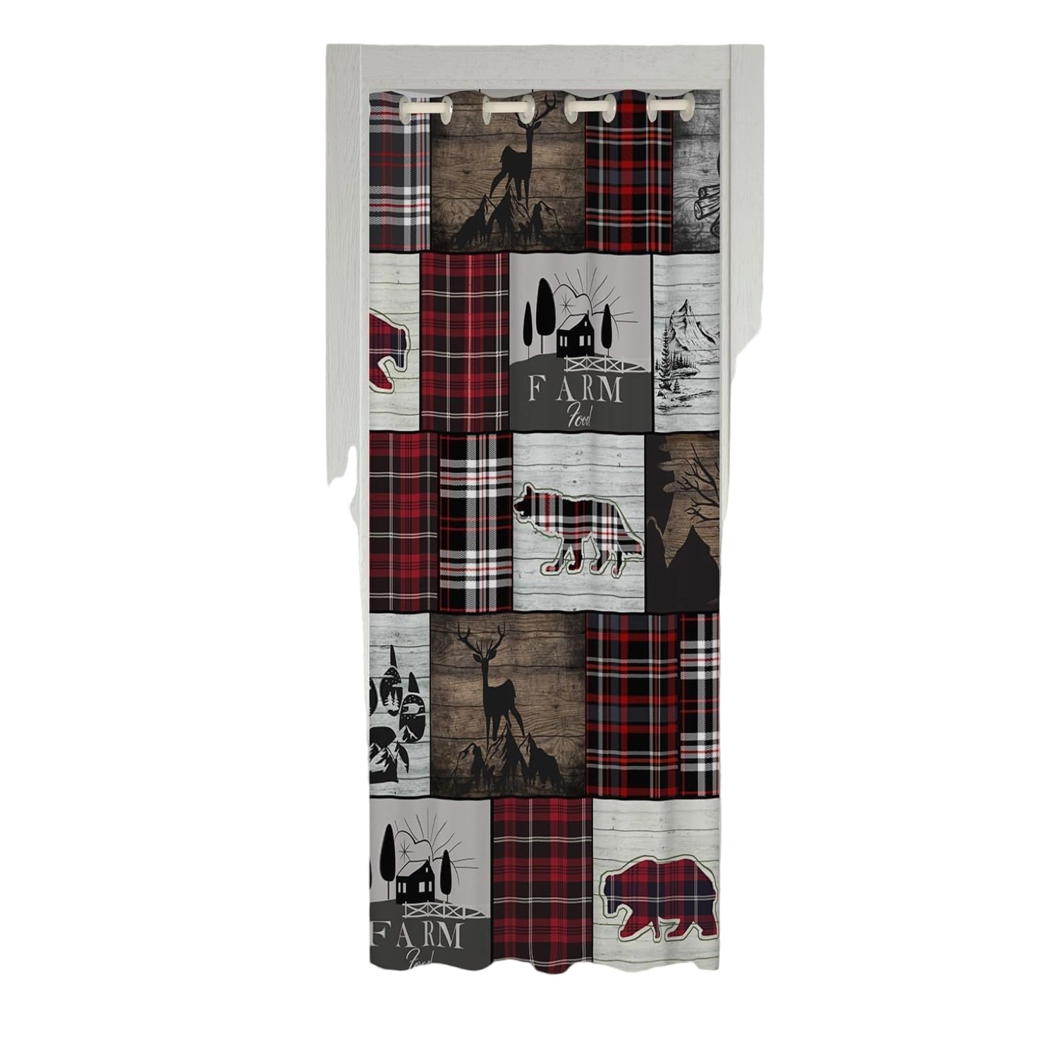 Hunting Bear Blackout Curtain, Buffalo Plaid Check Door Curtain for Cabin Bedroom, Wild Farm Animal Elk Deer Insulated Thermal Curtains, Red Christmas Stripes Door Drape, 52"W X 80"L, Red Brown