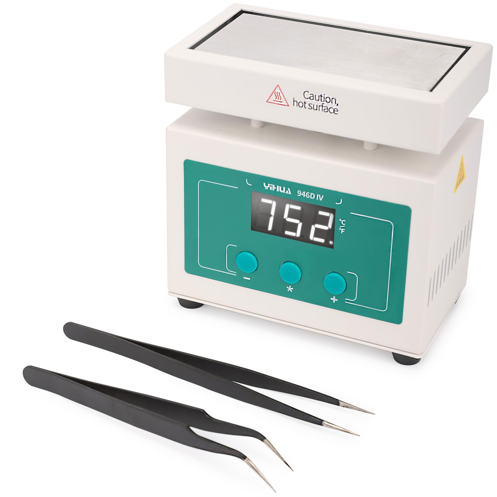 Photo 1 of YIHUA 946D-IV Soldering Hot Plate Mini Size, Rework Heater with 2 ESD-Safe Tweezers, Adjustable Temp, °C/°F Conversion, PID Temp Control, 100 * 50mm Aluminum Heating Plate