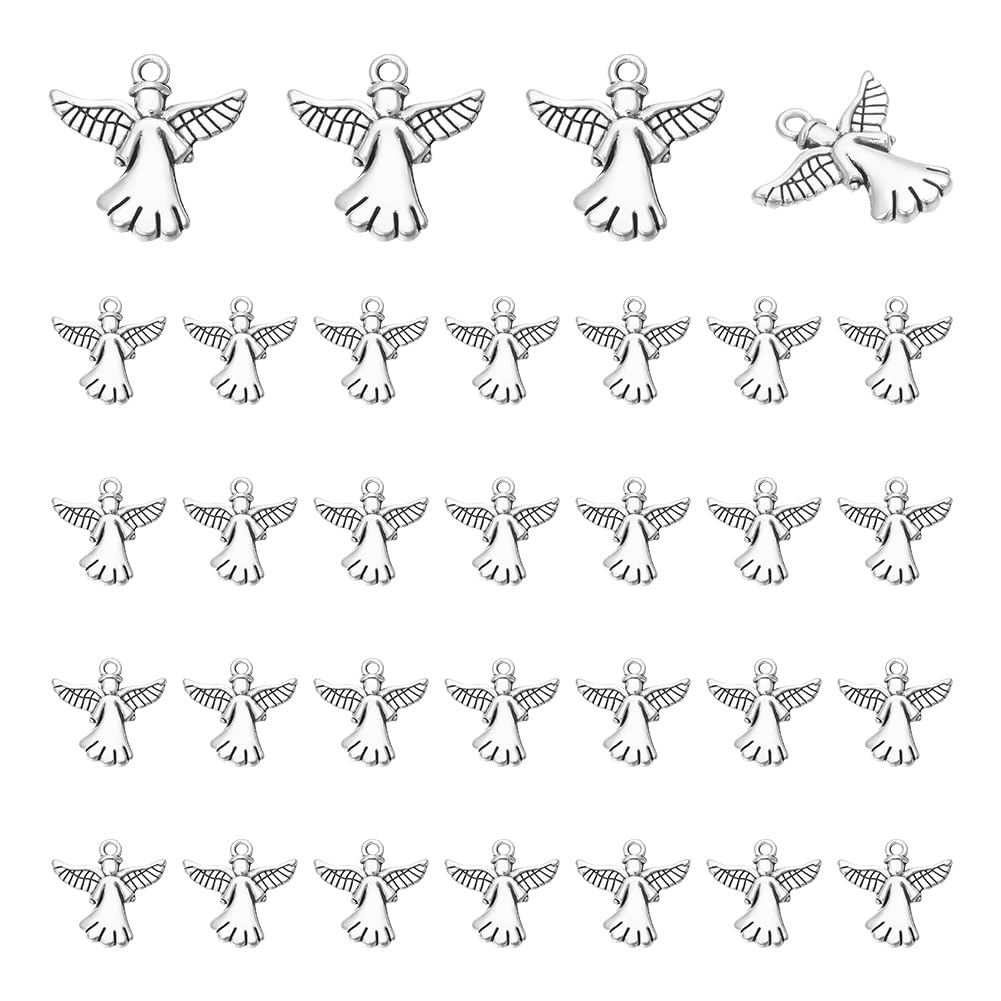 UNICRAFTALE about 50Pcs Antique Silver Angel Charms Guardian Angel Pendants Tibetan Style Wings Double Sided Charms for Jewelry Making Earrings Necklace Bracelet Christmas