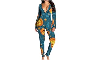 Ctreela Womens One Piece Pajamas Halloween Adults Onesies Butt-Flattering Sleepwear Sexy Deep-V Long Sleeve Rompers