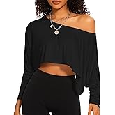 Off The Shoulder Crop Tops for Women Long Sleeve Crop Top Oversized Workout Boat Neck Summer Loose Casual T Shirt