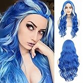 Siudus Blue Curly Long Wigs for Women with White Wavy Middle Part Cosplay Hair Wig Synthetic Fibre Halloween Costume Wig (Blue White)