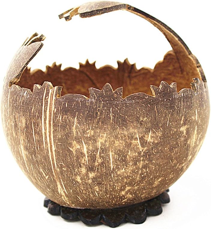 BaibaiShun Handicrafts China Wooden Coconut Shell Carving Art of Flower Basket with Butterfly Pattern for Arranging Flowers,Storage Tank or Unique Handmade Gift,Brown