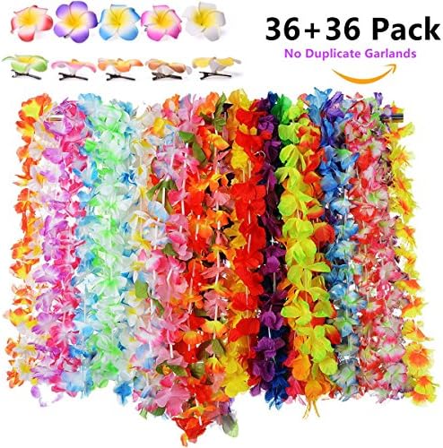 VN STORE Tropical Hawaiian Luau Flower Lei Necklaces Colorful Garlands with Hawaiian Flower Hair Clips for Party Favors (72 Pack)