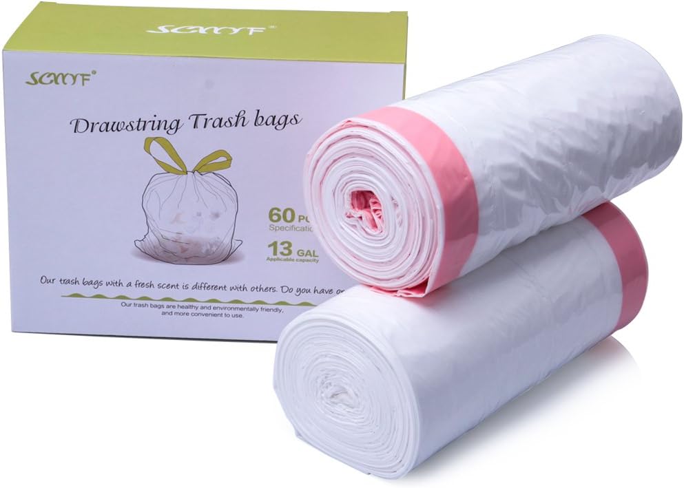 SCWYF Drawstring Tall Kitchen Trash Bags Fresh clean, Extra Strong Garbage Bags For Home, Janitorial, Office, Car, 1.2 mil 13 Gallon 60 Count