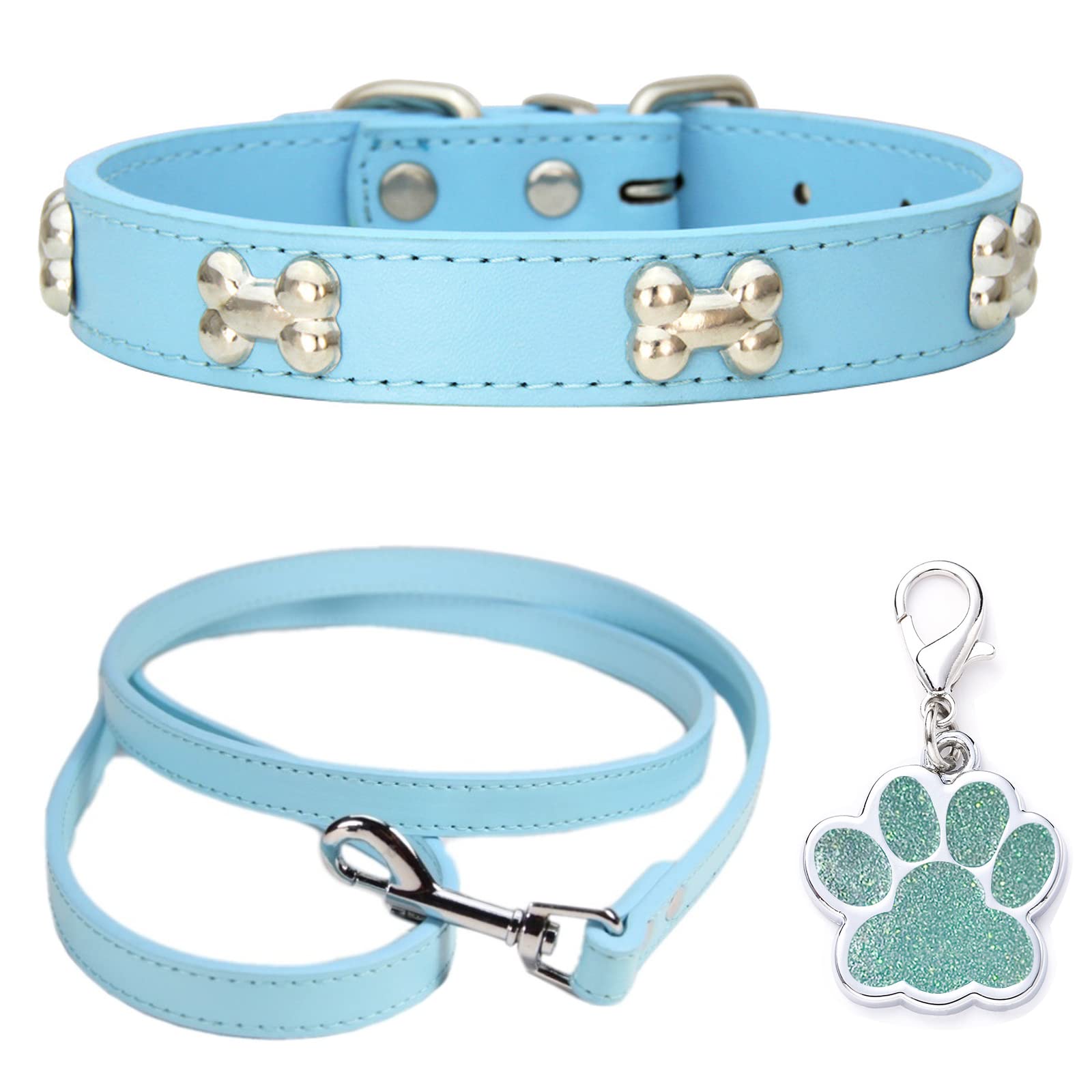 HALFSUMO Leather Dog Collar Dog Lead Combo Set Dog Collars Adjustable Puppy Collar for Small Medium Dogs Cats Azure Blue M