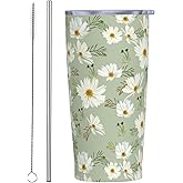 JASROTAO Cosmos Flower Tumblers, Green Daisy 20oz Stainless Steel Insulated Travel Tumblers,Travel Coffee Mug with Lid and Straw Cups Gifts for Women Men
