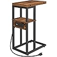 Asgolion C Shaped End Table with Charging Station, Folding C Side Table with TV Tray, Sofa Couch Table for Small Space in Living Room, Bedroom, Rustic Brown and Black