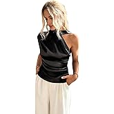WDIRARA Women's Cut Out Asymmetrical Neck Sleeveless Satin Blouse Elegant Ruched Tops