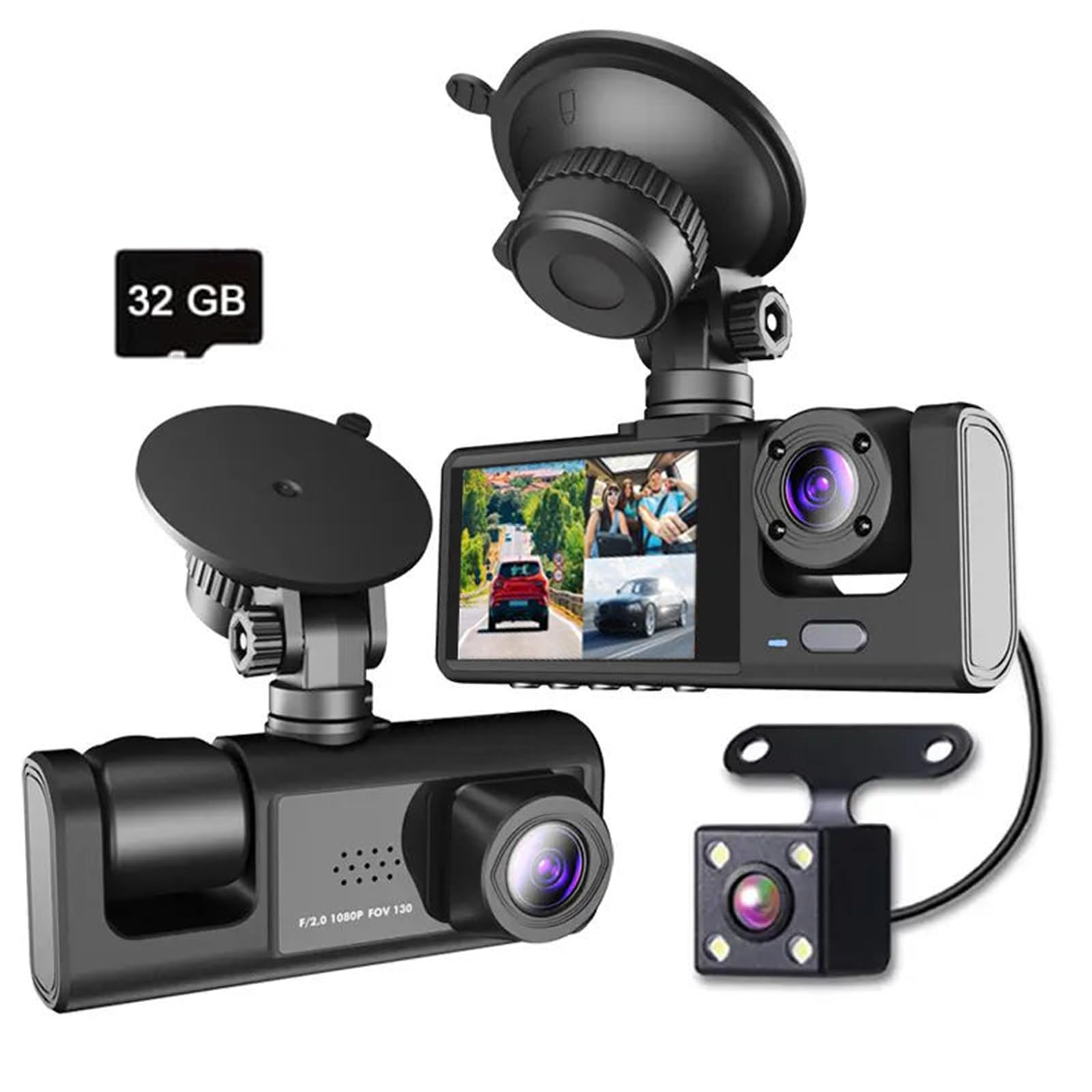 Photo 1 of 1080P Dash Camera for Car,3 Channel Front and Rear Inside Dashcam Car Video Recorder,170°Wide Angle Vehicle Cam with 32G Card,G-Sensor,2’’ IPS Screen,Loop Recording (3 Channel Dash Cam with 32G Card)