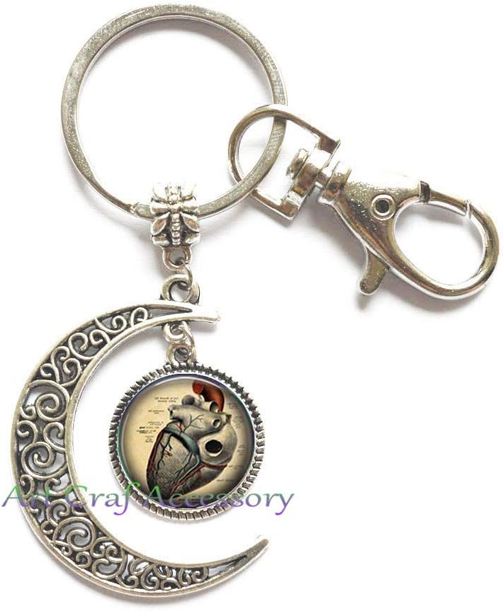 Anatomical Heart Moon Keychain,Anatomical Heart Key Ring, Steampunk Moon Keychain, Gothic Moon Keychain, Science Key Ring, Biology, Medical Key Ringent Gift,RN66 (G1)
