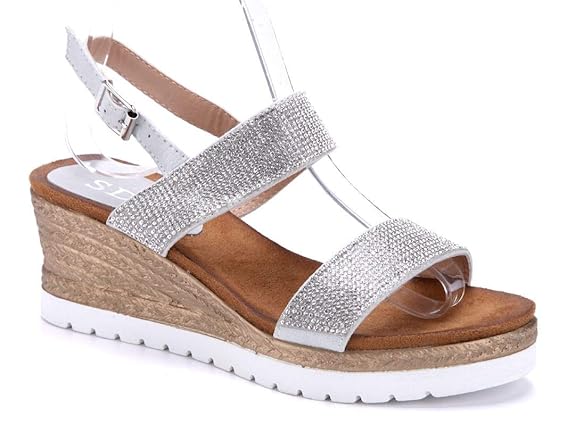Schuhtempel24 Damen Schuhe Keilsandaletten Sandalen Sandaletten Keilabsatz Ziersteine 7 cm