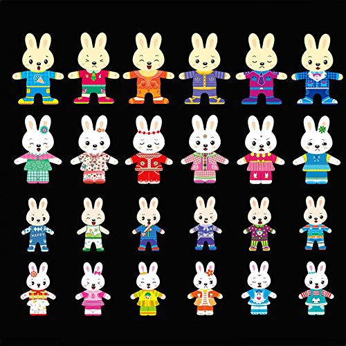 callm Educational Toy,Cartoon 4 Rabbit Bear Dress Changing Jigsaw Puzzle Wooden Toy (B) - Thumbnail 4