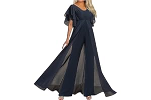 HGps8w Women's Dressy Flowy Cloak Jumpsuits 2024 Summer Elegant V Neck High Waisted Straight Leg Formal Pantsuits Rompers