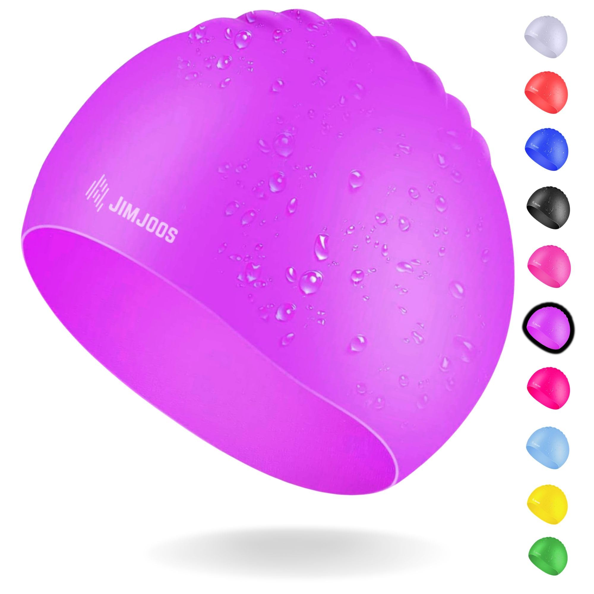 JIMJOOS Kids Swimming Cap 3–14 Years - Silicone Swim Cap for Boys & Girls - Anti-Slip, Stretchable, Waterproof Swimming Hat - Durable, Odour-Free Swim Hat with Protective Pouch (PURPLE, 3-8 Years)
