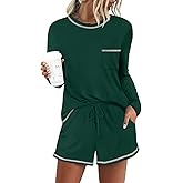 DouBCQ Women's Pajama Sets 2 Piece Long Sleeve Top and Shorts Crewneck Lounge Wear Soft Pjs with Pockets