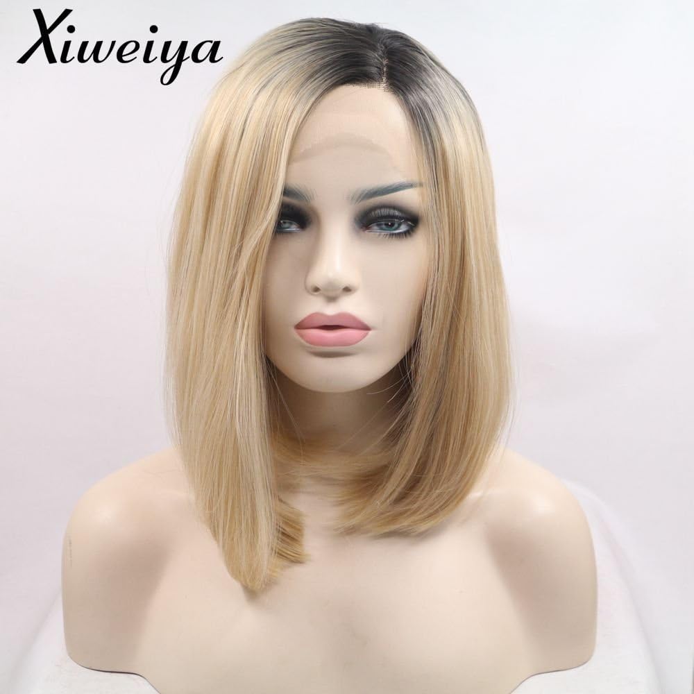 Xiweiya Matte Blonde Wig With Black Roots Short Bob Hair Side Wear Synthetic Lace Front Wig Heat Resistant Gold Hair Hand Tied Replacement Full Wig For Women Cosplay Daily Wear 14 Inched