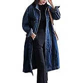 Jofemuho Womens Classic Jean Jacket Plus Size Loose Long Sleeve Button Down Denim Trench Coat