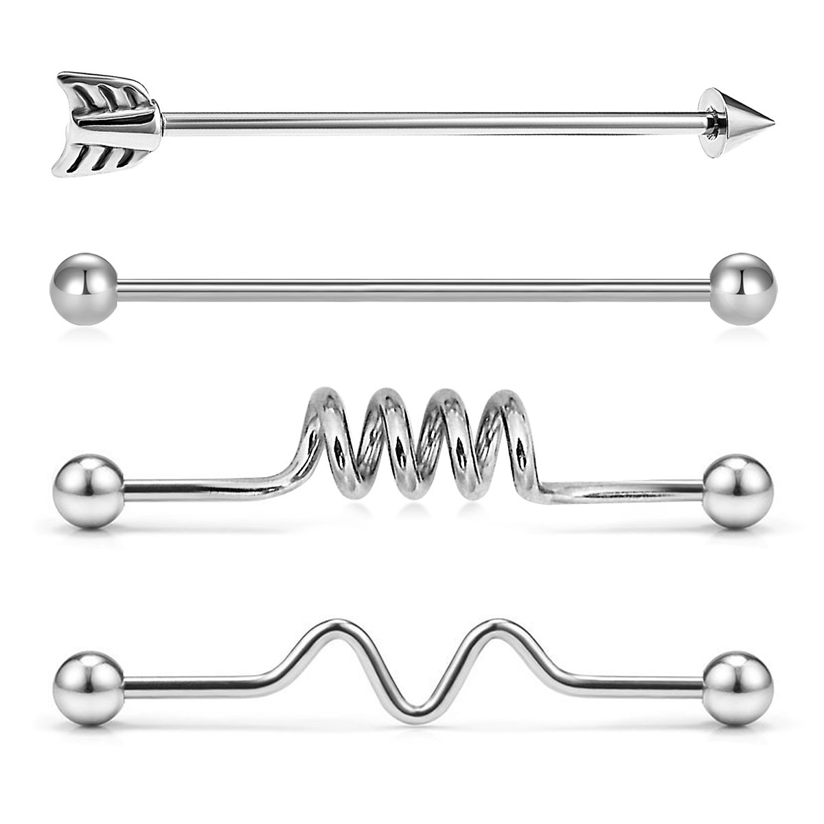 FECTAS 4pcs Industrial Barbell Surgical Steel Cartilage Earring Silver Body Piercing Jewelry 38mm