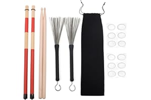 Seteol Drum Sticks Set, a Pair of 5A Drum Sticks, a Pair of Drum Rods Brushes,a Pair of Retractable Drum Wire Brushes,12PCS Drum Dampeners with Portable Bag for Rock Band, Jazz Folk Students,Red